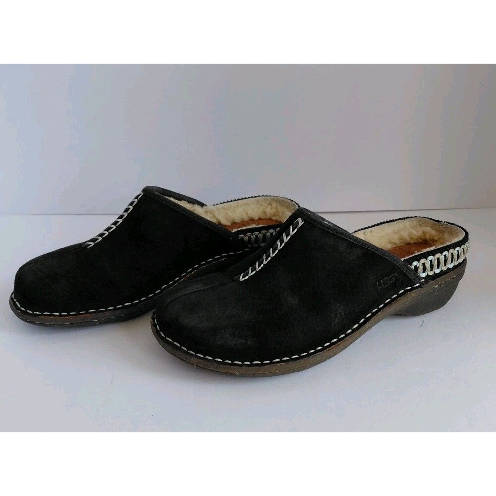 Ugg Women's Size 7 Black Suede Slip-On Mules Clogs w/Shearling Lining